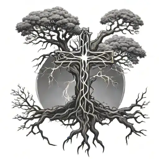 giant cross within tree with lightning long roots reaching deep tattoo design idea