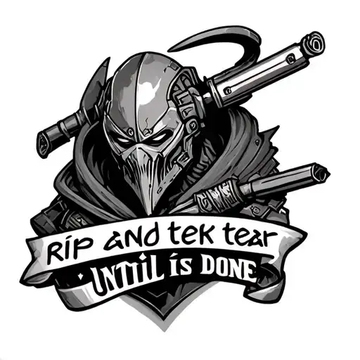 doom slayer tattoo with quote "rip and tear until it is done" tattoo design idea