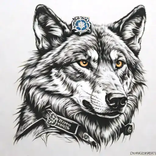 Realistic portrait of a wolf with police army intelligence insignia in the background tattoo design idea