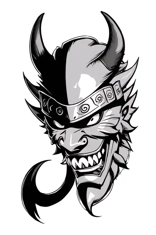 Traditional Japanese oni mask half being pulled off by Japanese manga Naruto in black and grey  tattoo design idea