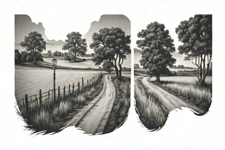 trees, road leading towards a field tattoo design idea
