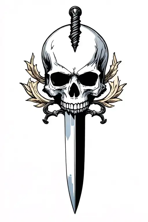 Sharp long dagger with runes shaded skull head tattoo design idea
