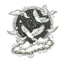 name written inside of a cloud with doves flying tattoo design idea