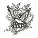 name written inside of a cloud with doves flying tattoo design idea
