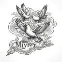 name written inside of a cloud with doves flying tattoo design idea