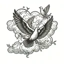 name written inside of a cloud with doves flying tattoo design idea