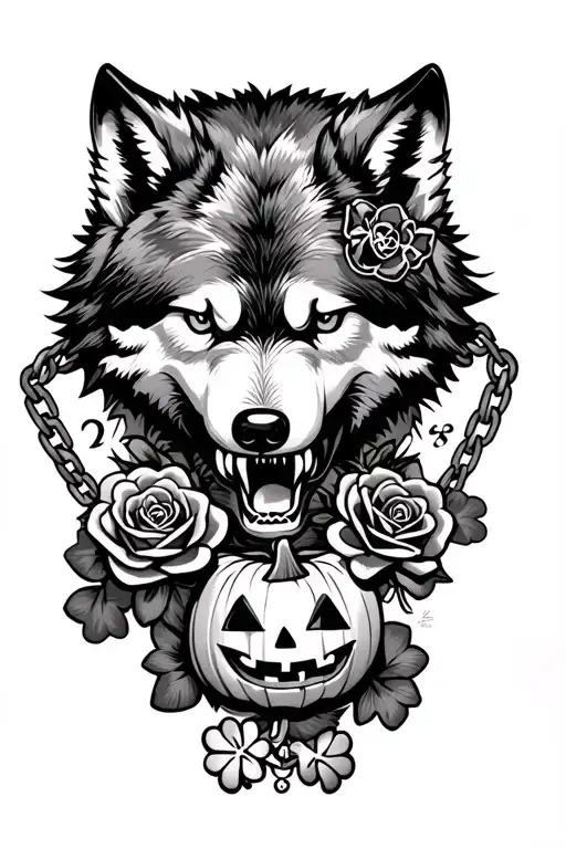 Wolf head biting chain with roses, charms of Hello Kitty, jack-o-lantern, clover, black and gray sleeve tattoo design idea