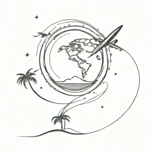 around the planet earth a plane draws a chemtrail in the shape of a heart a small palm tree the sun and the sea in it tattoo design idea