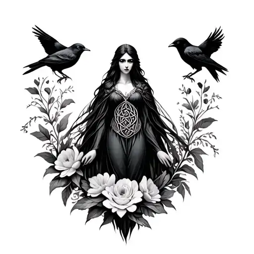 Create an image of the Celtic Goddess, the Morrigan. Surrounded by her associated flowers as well as her crows.  tattoo design idea
