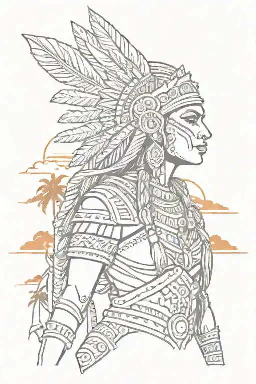 aztec warrior woman with sunset and palm trees in background   tattoo design idea
