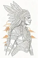 aztec warrior woman with sunset and palm trees in background   tattoo design idea