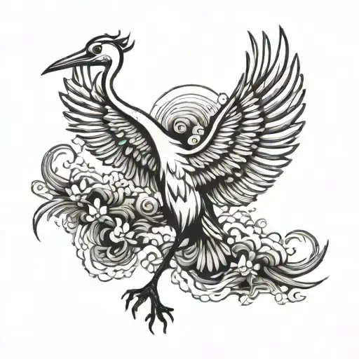 japanese crane in flight within its tattoo design idea