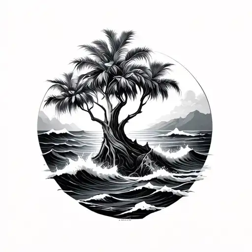 yucca tree with crashing waves tattoo design idea