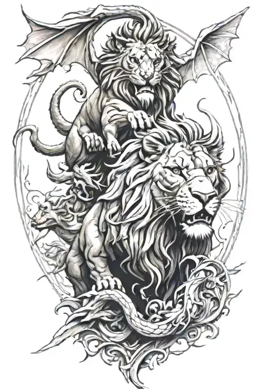Dragon + Lion king surrounded tattoo design idea