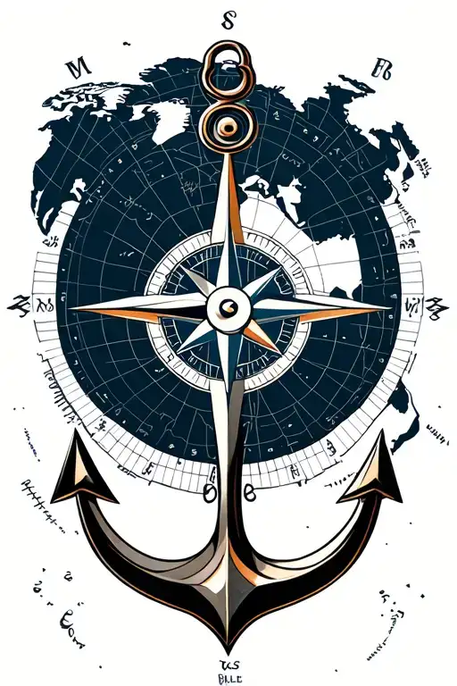 compass, rudder whell, world map, anchor connected tattoo design idea