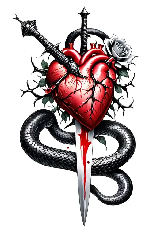 A dagger piercing a realistic bleeding human heart ensnared by black roses with thorns. Add a black mamba coiled around  tattoo design idea
