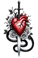 A dagger piercing a realistic bleeding human heart ensnared by black roses with thorns. Add a black mamba coiled around  tattoo design idea