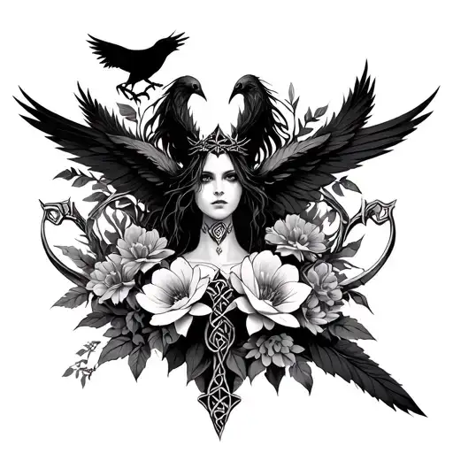 Create an image of the Celtic Goddess, the Morrigan. Surrounded by her associated flowers, weapons and crows.  tattoo design idea