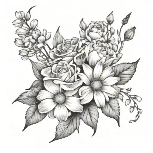 Daisy,sweet pea, rose, honeysuckle, larkspur, water lily, marigold, cosmos in a bouquet tattoo design idea