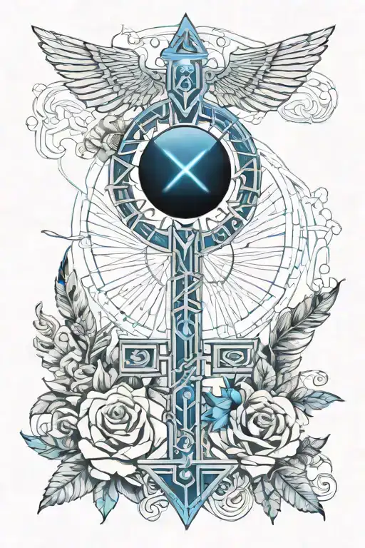 ankh on a bed of roses with blue accent and feathers tattoo design idea