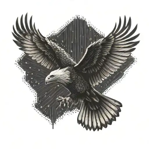 A sleek and powerful eagle in flight with a binary code pattern in the background, symbolizing a blend of technology and a fascination with birds of prey tattoo design idea
