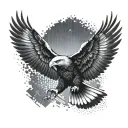 A sleek and powerful eagle in flight with a binary code pattern in the background, symbolizing a blend of technology and a fascination with birds of prey tattoo design idea