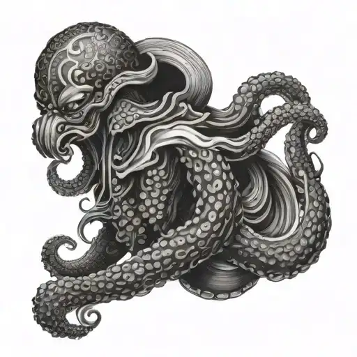 Japanese style octopus with samurai armor with waves background full sleeve tattoo tattoo design idea