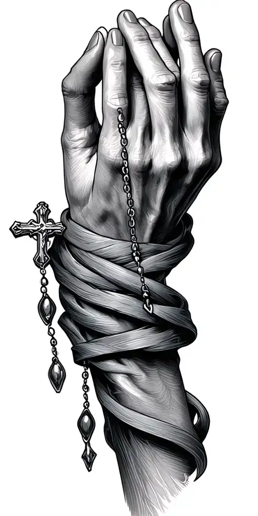 prayer hands holding a rosary wrapped length wise tattoo design idea