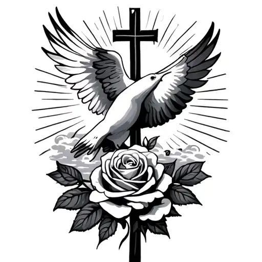 Cross dove and rose with sun rays and clouds tattoo design idea