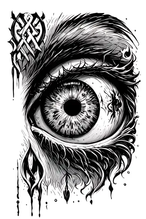 scary eye and greek sign tattoo design idea