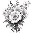 marigold, rose, delphinium, daisies, carnations, and daffodils bouquet tattoo design idea