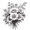 marigold, rose, delphinium, daisies, carnations, and daffodils bouquet tattoo design idea