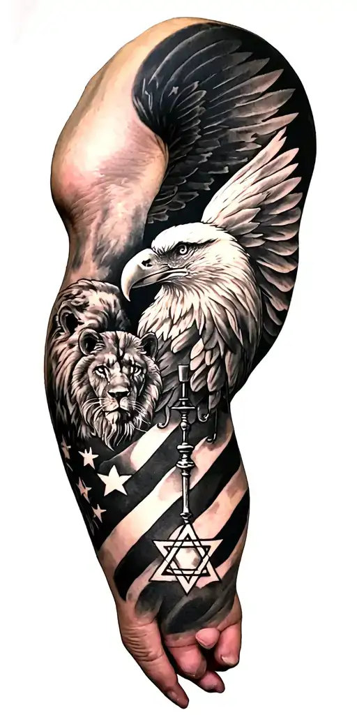 Israeli American symbols on entire arm.  Want menorah bald eagle lion of Judah Star of David and whatever else u want to tattoo design idea