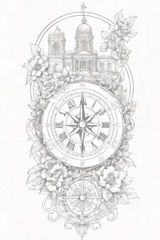 tattoo featuring roman buildings, and compass surrounded by flowers and vines tattoo design idea
