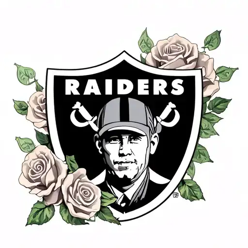 memorial tattoo of husband with money roses surrounding inside of a raiders logo tattoo design idea