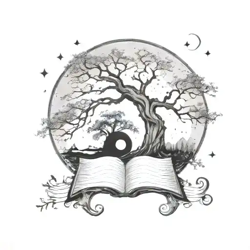 moon and old oak tree with sheet music  tattoo design idea