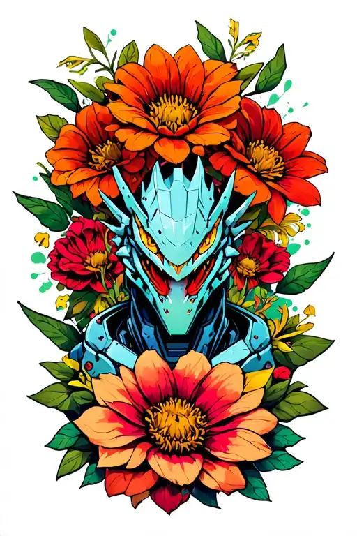 mechagodzilla flowers surrounding them tattoo design idea