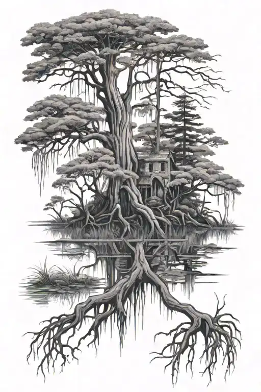 Louisiana swamp with cypress tree that has roots, swamp violets, primrose tattoo design idea