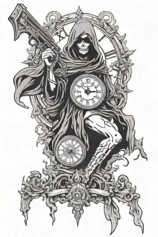 girl, grim reaper, clock, bullet hole,  gun tattoo design idea