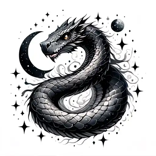 A sleek tattoo, black and gray serpent intertwined with moons, stars, and cosmic dust, forming an elegant, flowing desig tattoo design idea