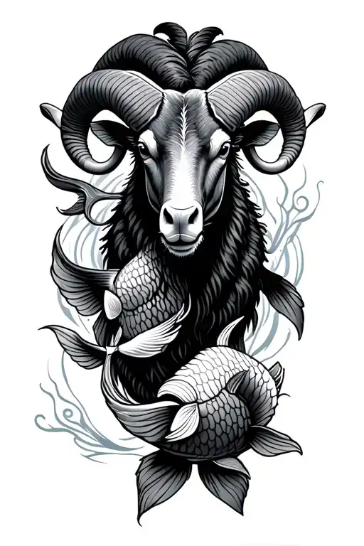 ram with koi fish around it tattoo design idea