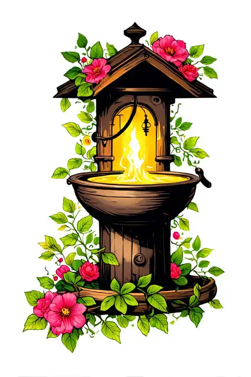 wishing well with flower vines tattoo design idea