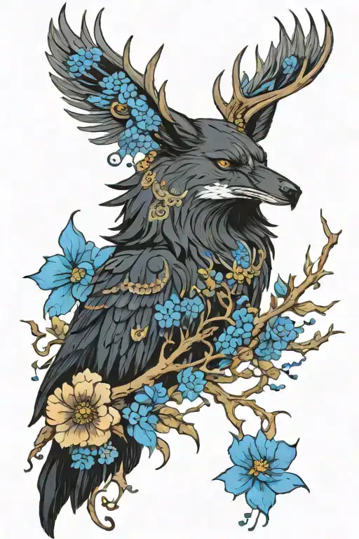 wolf and deer, a black raven sits on the deer's antlers, the antlers are decorated with blue flowers tattoo design idea