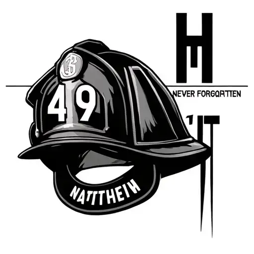 black firefighters helmet with  49 on it never forgotten  tattoo design idea