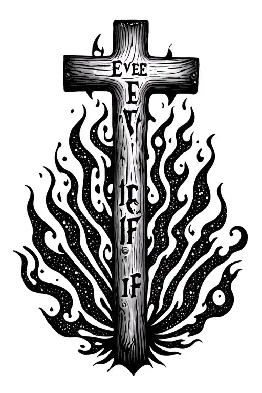 "Even If" wooden cross surrounded by fire tattoo design idea