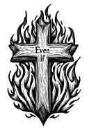 "Even If" wooden cross surrounded by fire tattoo design idea