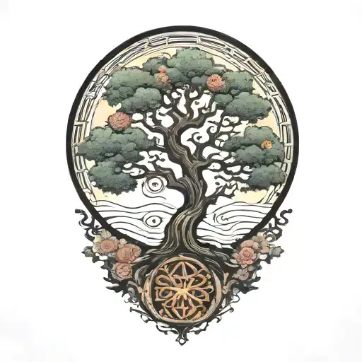 TREE OF LIFE WITH JAPANESE SUN IN THE CORNER tattoo design idea
