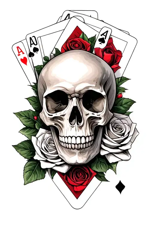 skull and roses and cards forming tattoo design idea