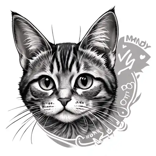 Cat tattoo made out of the names Mandy, Andy, Candy, JJ, win win, dos, uno, chubby,  tattoo design idea