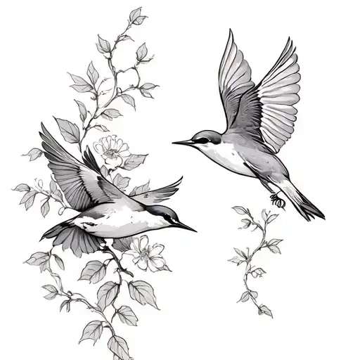 two swallow birds flying towards each other. Background of a vine and flower wrap. tattoo design idea